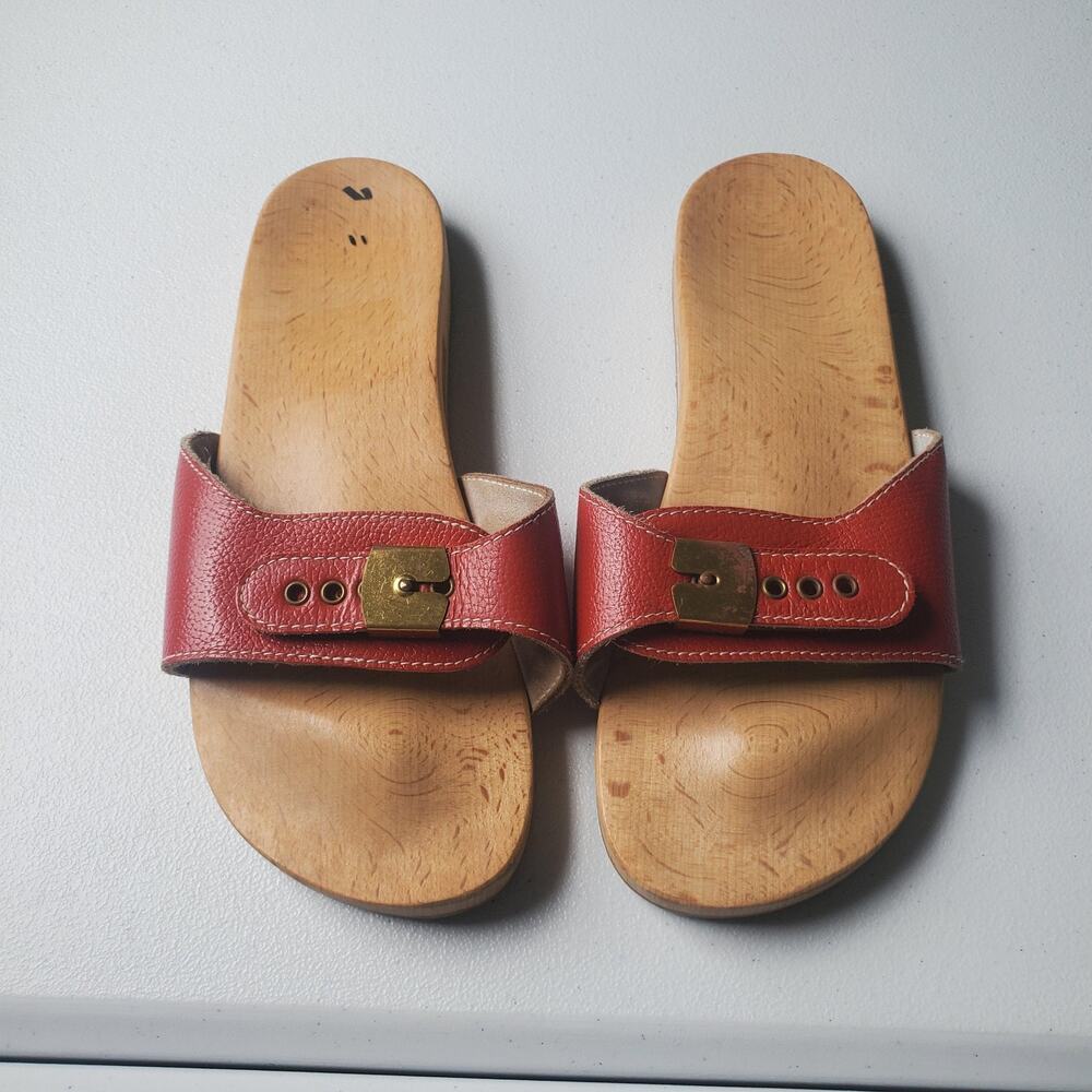 Vintage Dr Scholl Sandals Womens Size 8 Red Leather Slide Wooden Wedge Germany